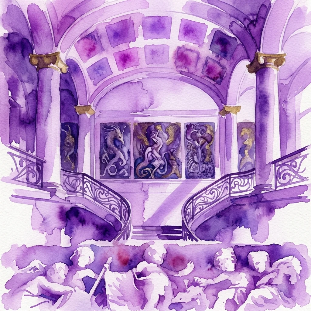 Interieur van het Ernst Fuchs Museum, een groot Art Nouveau-landhuis met fantastisch-realistische kunstwerken van Ernst Fuchs, met paars getinte decoratie en dramatische verlichting.