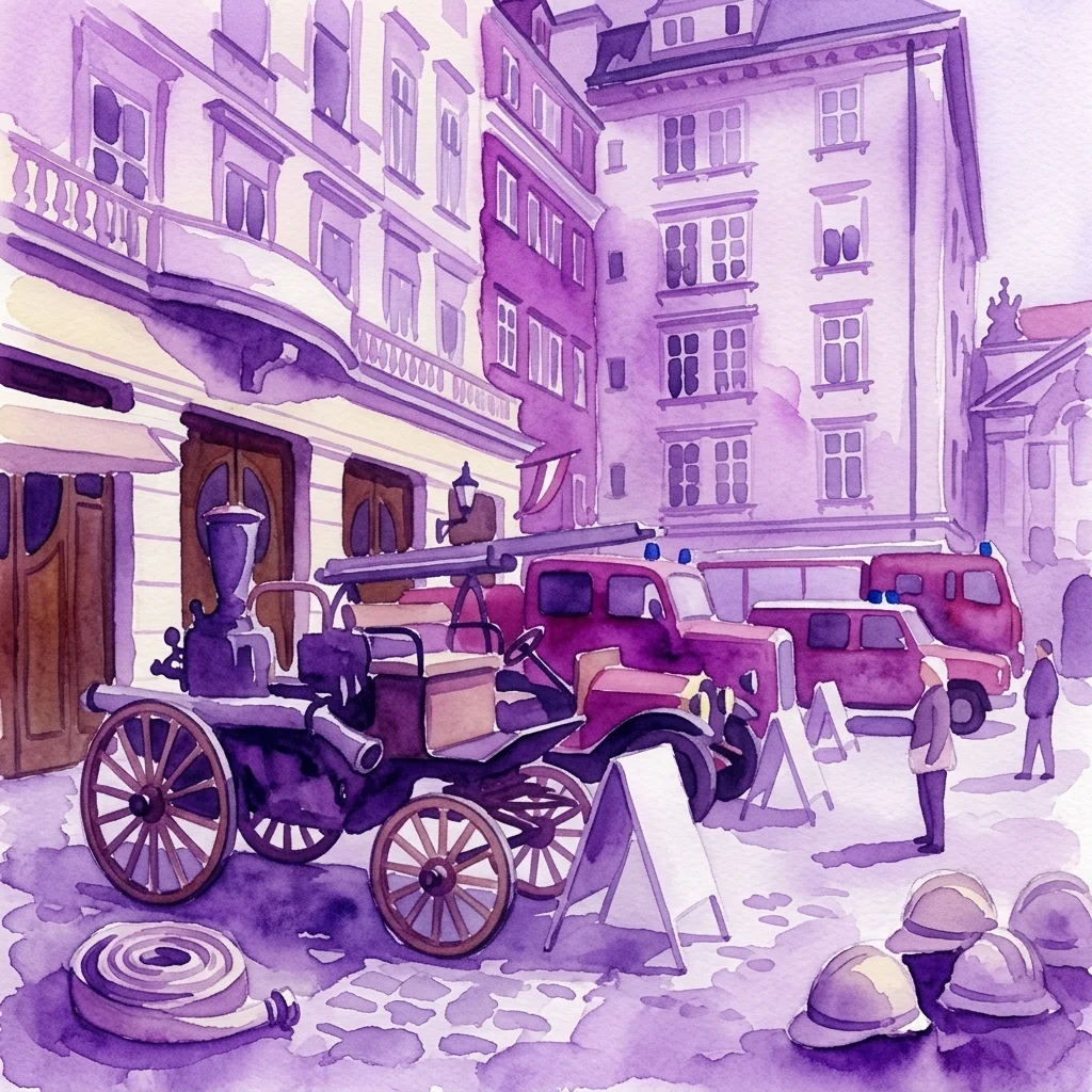 Watercolor illustration of the Fire Service Museum exterior featuring vintage fire engines, helmets, and hoses on a cobblestone street in Vienna.