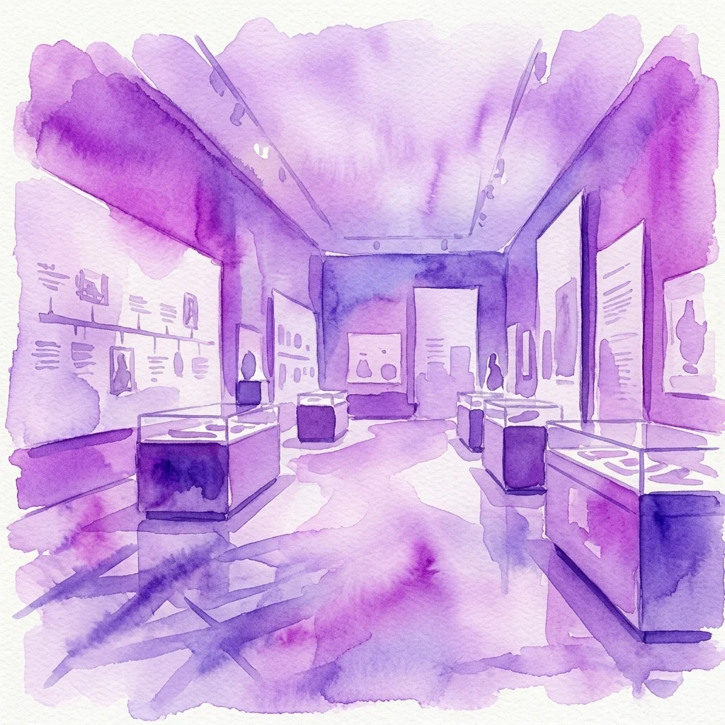 Ilustracja akwarelowa galerii muzealnej z gablotami i panelami informacyjnymi, przedstawiająca wnętrze Domu Historii Austrii z wystawami dotyczącymi austriackiej historii XX wieku.