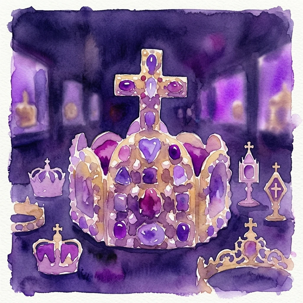 Ilustracja akwarelowa Cesarskiej Korony Świętego Cesarstwa Rzymskiego, ozdobionej fioletowymi klejnotami i złotem, otoczonej innymi królewskimi koronami i artefaktami religijnymi w słabo oświetlonej ekspozycji skarbca.