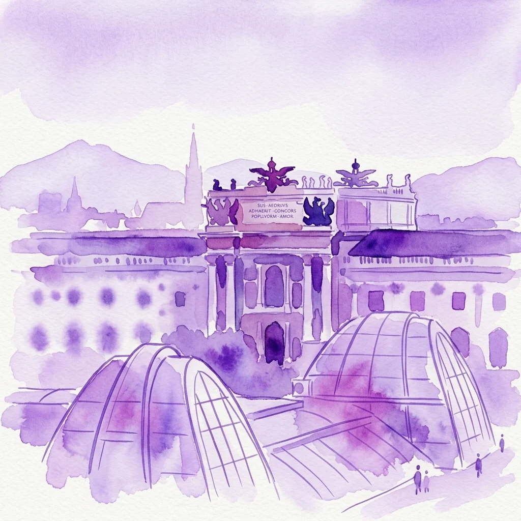 Ilustracja akwarelowa cesarskich zabytków Wiednia, w tym Pałacu Hofburg i Katedry Świętego Szczepana, w fioletowym odcieniu, reprezentująca historyczne miejsca dynastii Habsburgów.
