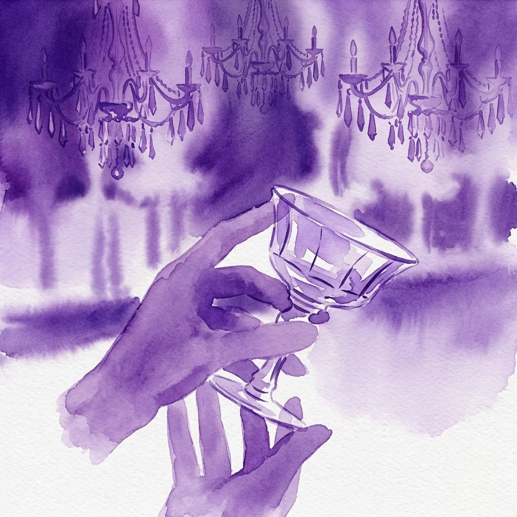 A watercolor illustration of a hand holding a crystal glass, with ornate chandeliers in the background, evoking Viennese craftsmanship and luxury.