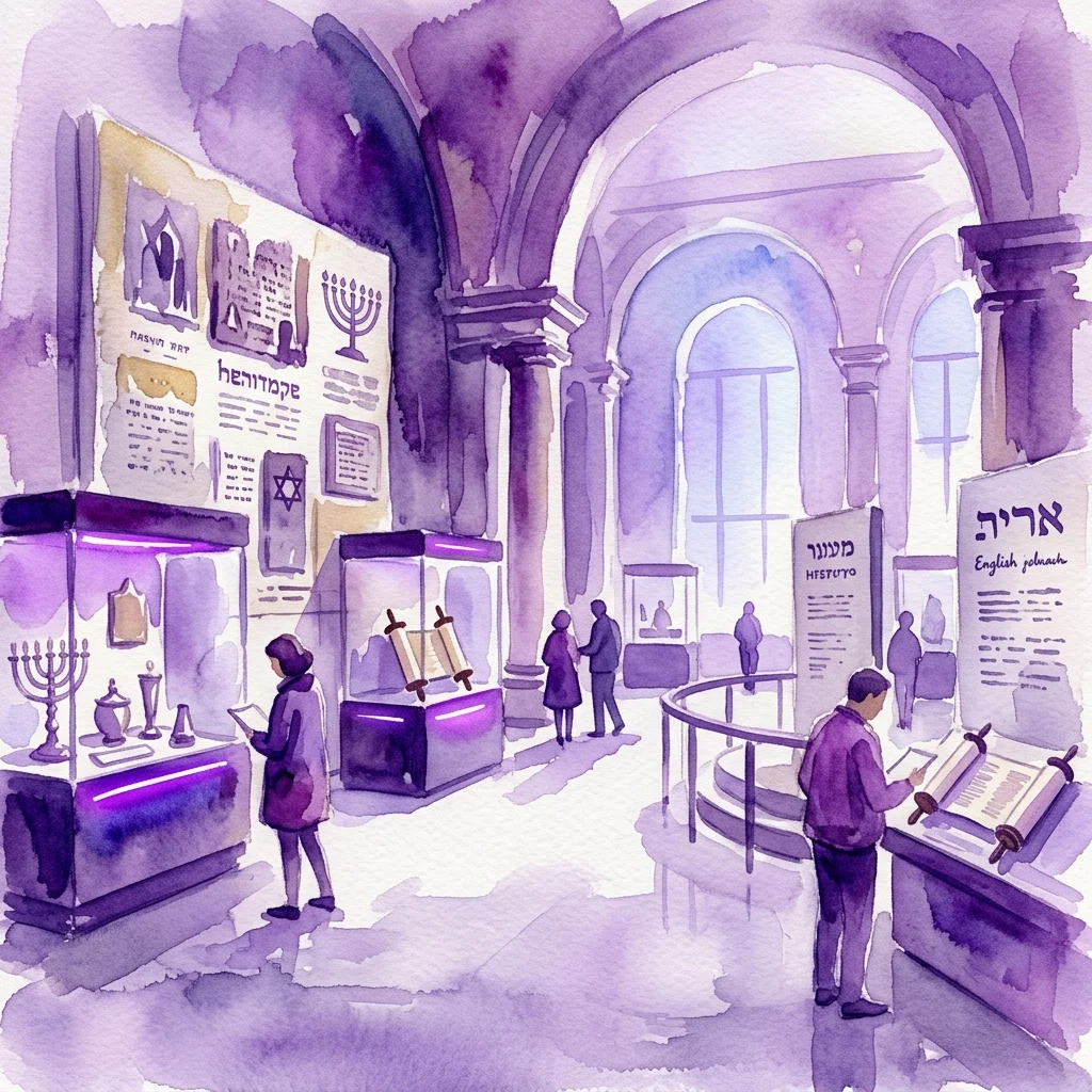 Ilustracja akwarelowa wnętrza Muzeum Żydowskiego z łukowatymi sufitami, gablotami z artefaktami, takimi jak menora i zwoje Tory, oraz zwiedzającymi poznającymi wystawy poświęcone historii i kulturze Żydów.