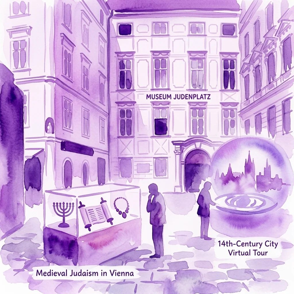 Illustration of the Judenplatz Museum Misrachi House featuring a display case with a menorah, Torah scroll, and necklace, alongside a virtual tour globe showing a 14th-century cityscape, set in a purple-hued courtyard.