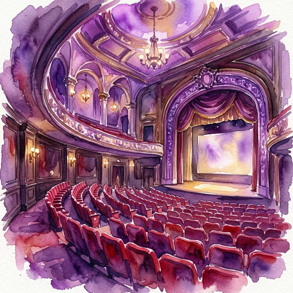 Watercolor illustration of the historic Metro Kinokulturhaus cinema interior, featuring red velvet seats, ornate wood paneling, and a grand stage with purple drapery, evoking classic film appreciation.