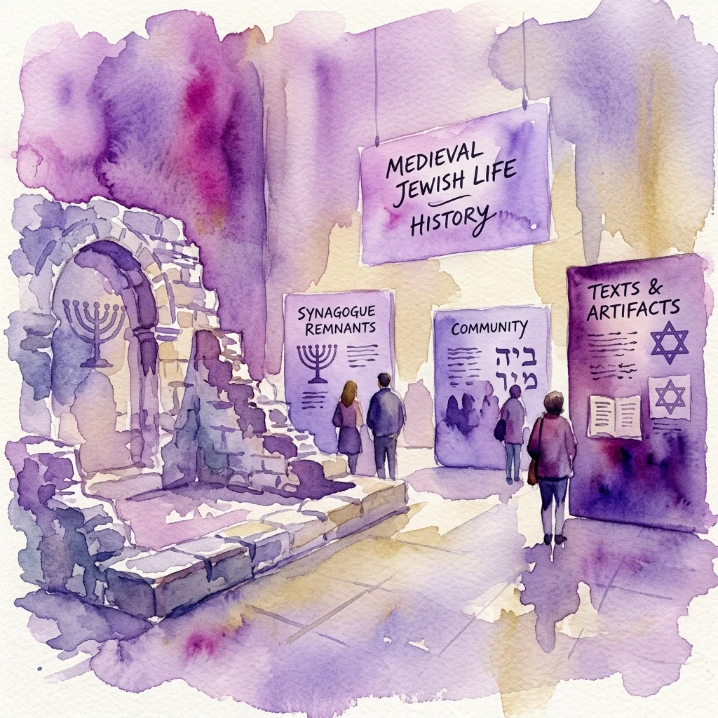 Ilustración en acuarela de una exposición en el Museum Judenplatz Viena, que muestra la vida judía medieval con restos de sinagogas, exhibiciones informativas y visitantes explorando el sitio.