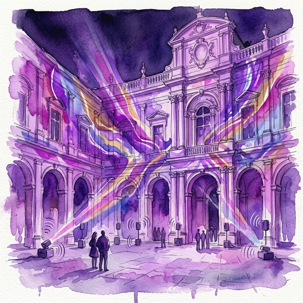 Een aquarelillustratie van een barokke binnenplaats 's nachts, verlicht door levendige paarse en regenboogkleurige lichtprojecties van meerdere projectoren, met bezoekers die genieten van meeslepende soundscapes uit luidsprekers, ter showcasing van de multisensorische digitale kunstinstallatie van het Museum of Change.