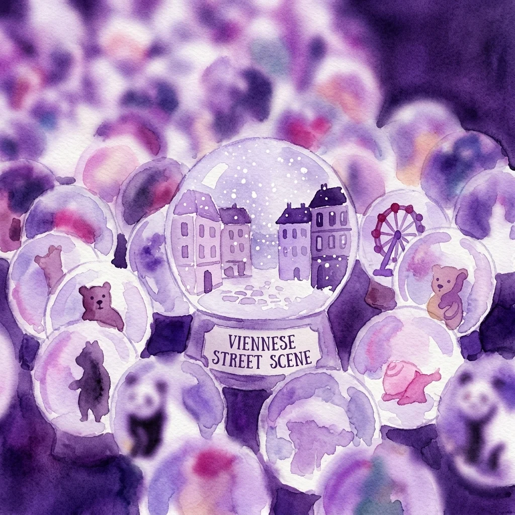 A watercolor illustration of a Viennese snow globe featuring a traditional street scene with historic buildings and falling snow, surrounded by other snow globes with bears and a Ferris wheel.