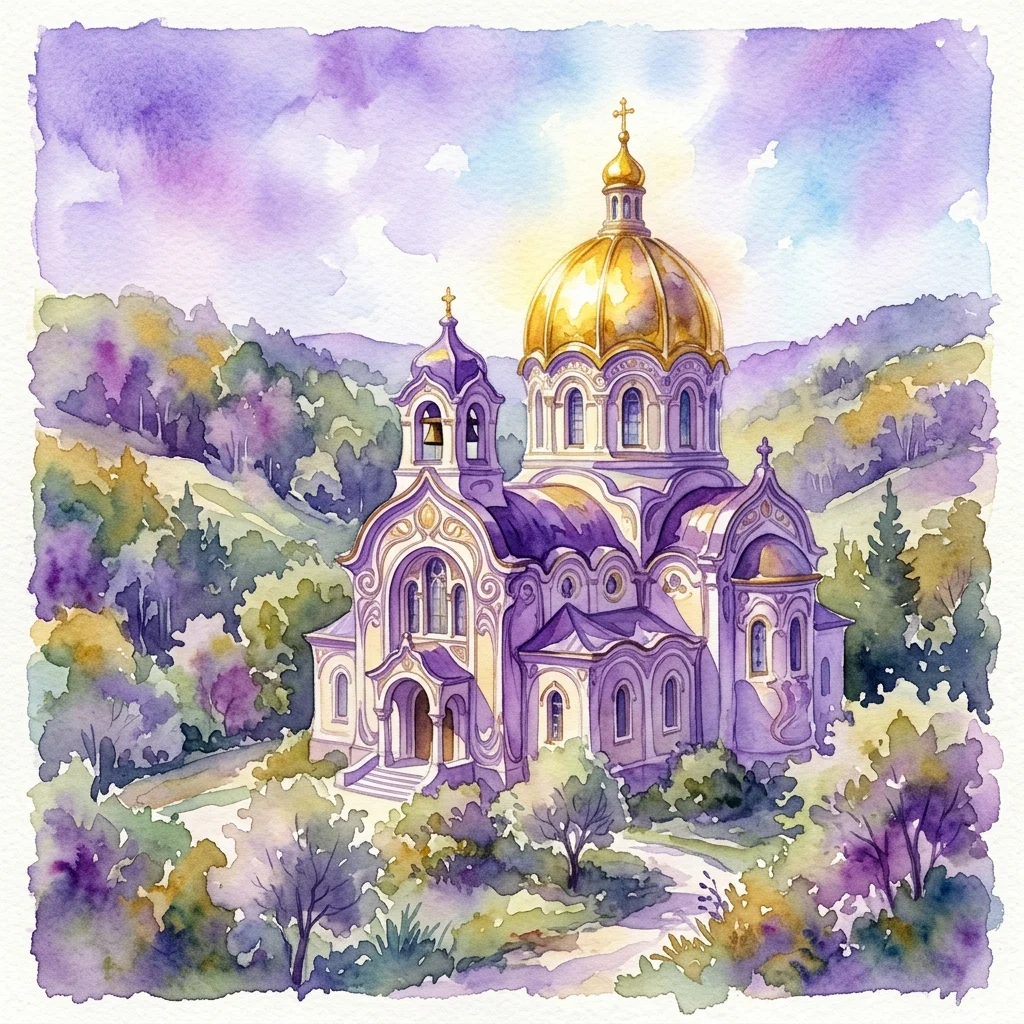 Ilustracja akwarelowa Kościoła Otty Wagnera w Steinhof, prezentująca okazałą złoconą kopułę i misterną architekturę w stylu Art Nouveau na tle pagórkowatego krajobrazu i drzew.