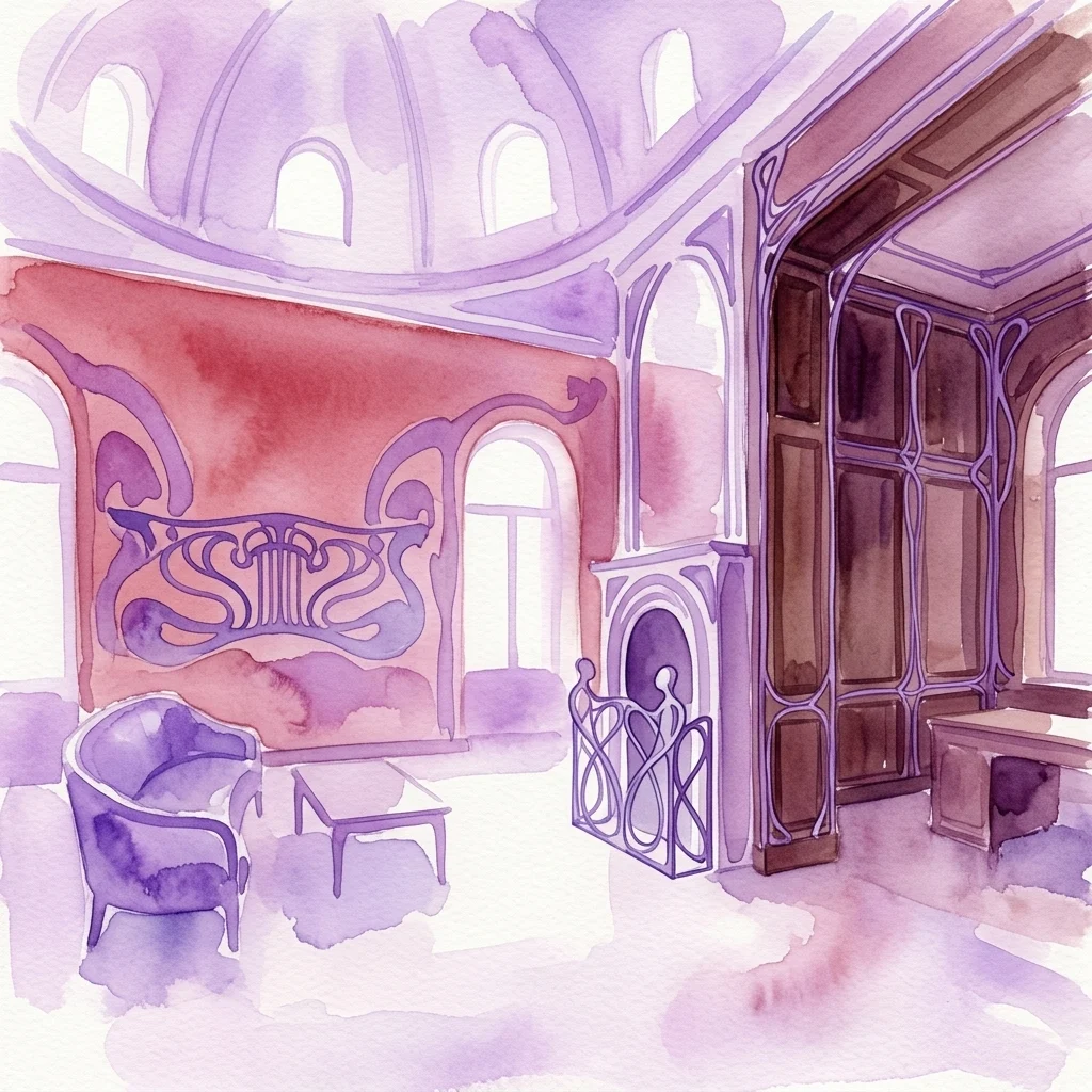 Art Nouveau interior of the Otto Wagner Court Pavilion Hietzing, featuring purple and red watercolor tones, ornate curved architecture, a fireplace with decorative guards, and a mahogany-paneled study.