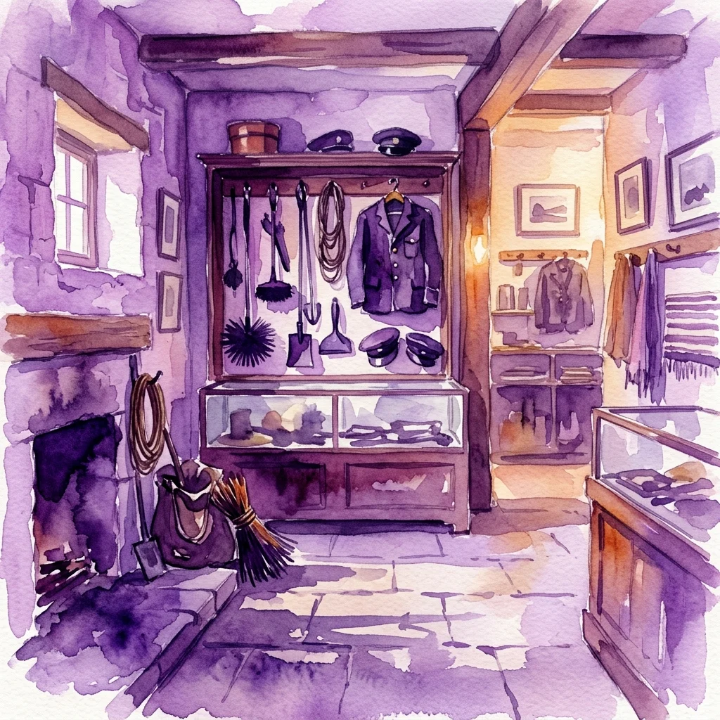 Waterverfillustratie van het interieur van het Rauchfangkehrermuseum, met historische schoorsteenvegersgereedschappen, uniformen en artefacten tentoongesteld in vitrines en aan muren onder warme verlichting.