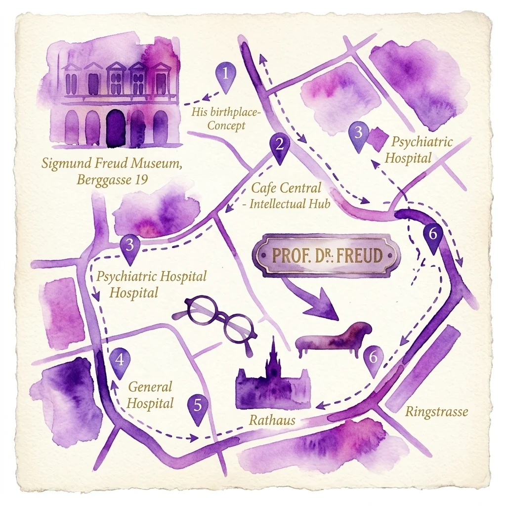 Mapa akwarelowy trasy Zygmunta Freuda w Wiedniu, pokazujący kluczowe miejsca, takie jak jego miejsce urodzenia, Muzeum Zygmunta Freuda, Cafe Central i szpitale psychiatryczne, utrzymany w stylistyce vintage.