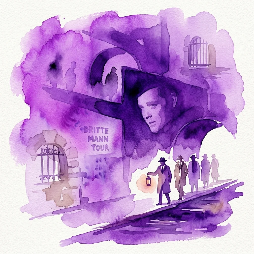 Ilustración en acuarela morada del Tercer Hombre Tour, con un hombre con una linterna guiando a un grupo a través de las históricas alcantarillas de Viena, con una cara grande y el texto 'Dritte Mann Tour' al fondo.