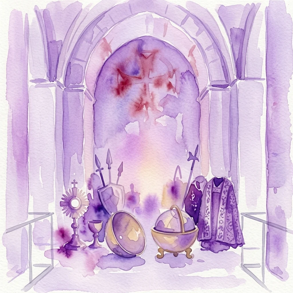 Ilustracja akwarelowa Skarbca Zakonu Krzyżackiego, przedstawiająca przedmioty religijne, takie jak monstrancja, kielich, ceremonialna zbroja i szaty, wyeksponowane w sklepionej komnacie z dominującym krzyżem.