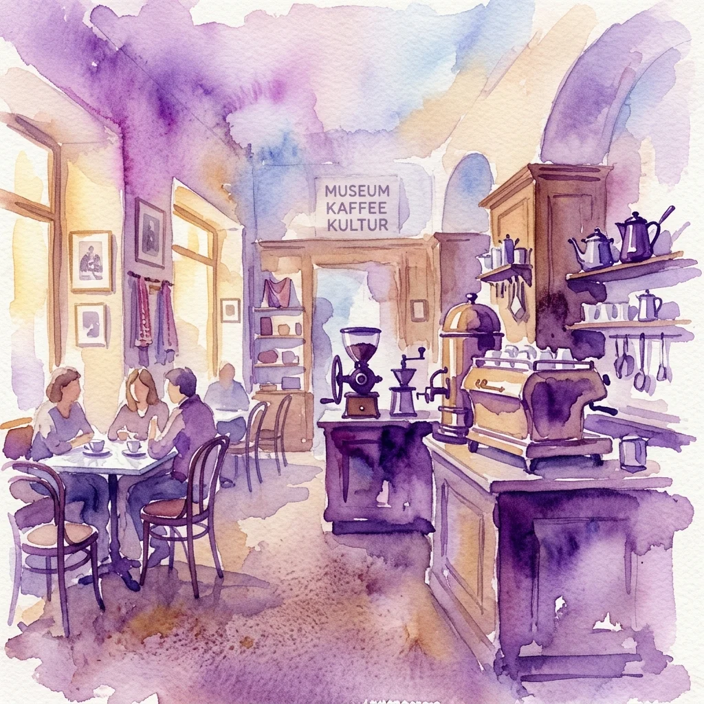 Ilustracja akwarelowa wnętrza Wiedeńskiego Muzeum Kawy, przedstawiająca zabytkowy sprzęt kawowy, szyld z napisem 'Museum Kaffee Kultur' oraz gości delektujących się kawą w przytulnej atmosferze.