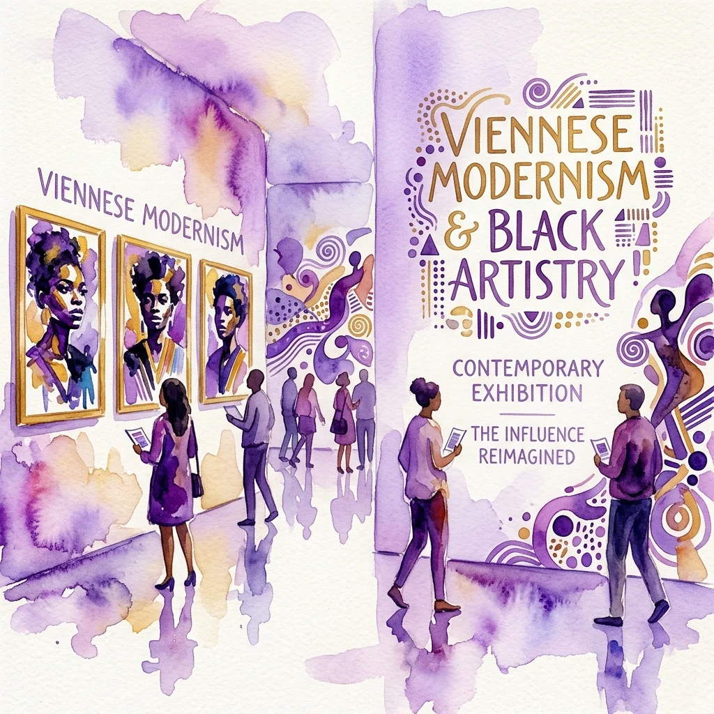 A watercolor illustration of a contemporary art exhibition titled 'Viennese Modernism & Black Artistry,' featuring vibrant portraits and abstract designs, with visitors viewing the artwork in a gallery space.