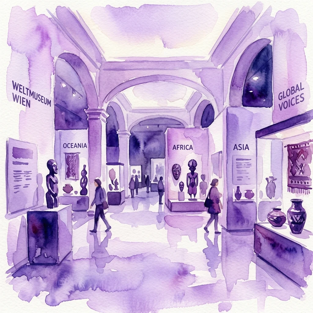 Ilustracja akwarelowa wnętrza Weltmuseum Wien, przedstawiająca sale wystawiennicze poświęcone Oceanii, Afryce i Azji z artefaktami etnograficznymi i zwiedzającymi.