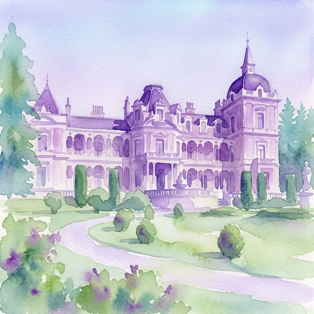 Waterverfillustratie van de historische Hermes Villa, een romantisch paleis in het Lainzer Tiergarten van Wenen, omringd door weelderige groene tuinen en bomen.