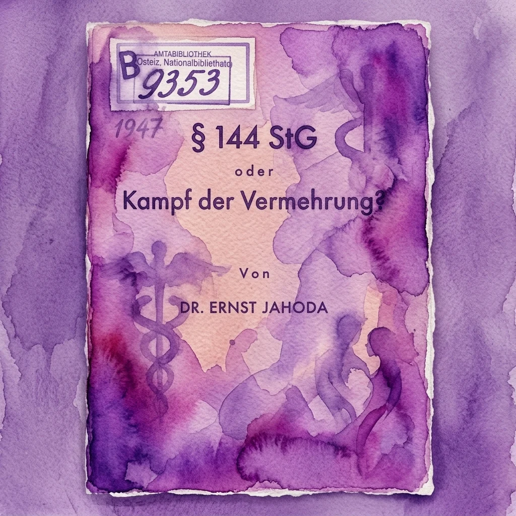 Primer plano de un documento alemán de 1947 titulado '§ 144 StG oder Kampf der Vermehrung' por el Dr. Ernst Jahoda, que presenta un fondo de acuarela púrpura y un símbolo médico, discutiendo la anticoncepción.
