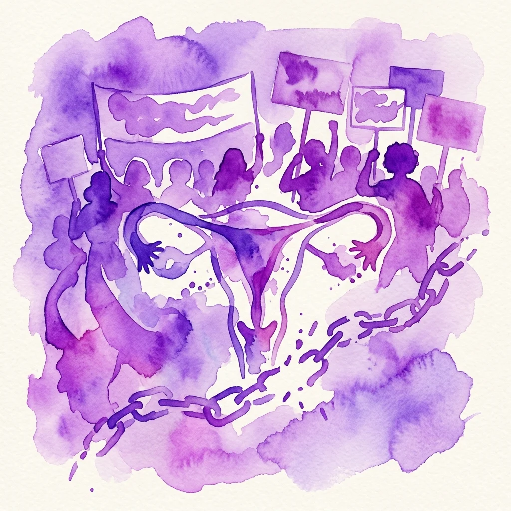 A purple watercolor illustration depicting a protest with silhouetted figures holding signs, surrounding a central anatomical uterus symbol, with broken chains symbolizing liberation, representing the struggle for abortion rights in Austria from 1945-1975.
