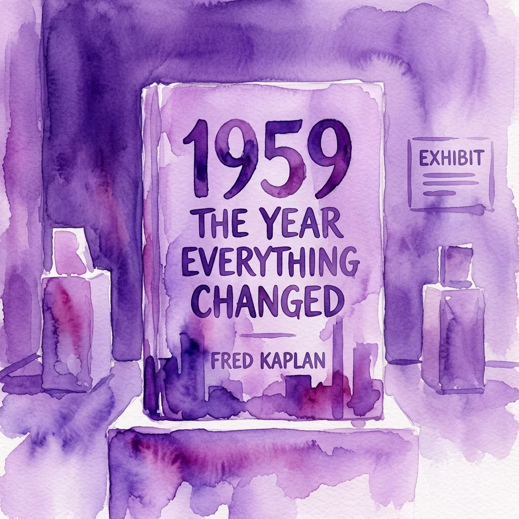 Ilustracja akwarelowa książki "1959: The Year Everything Changed" autorstwa Freda Kaplana, prezentowana w muzealnej ekspozycji w odcieniach fioletu.