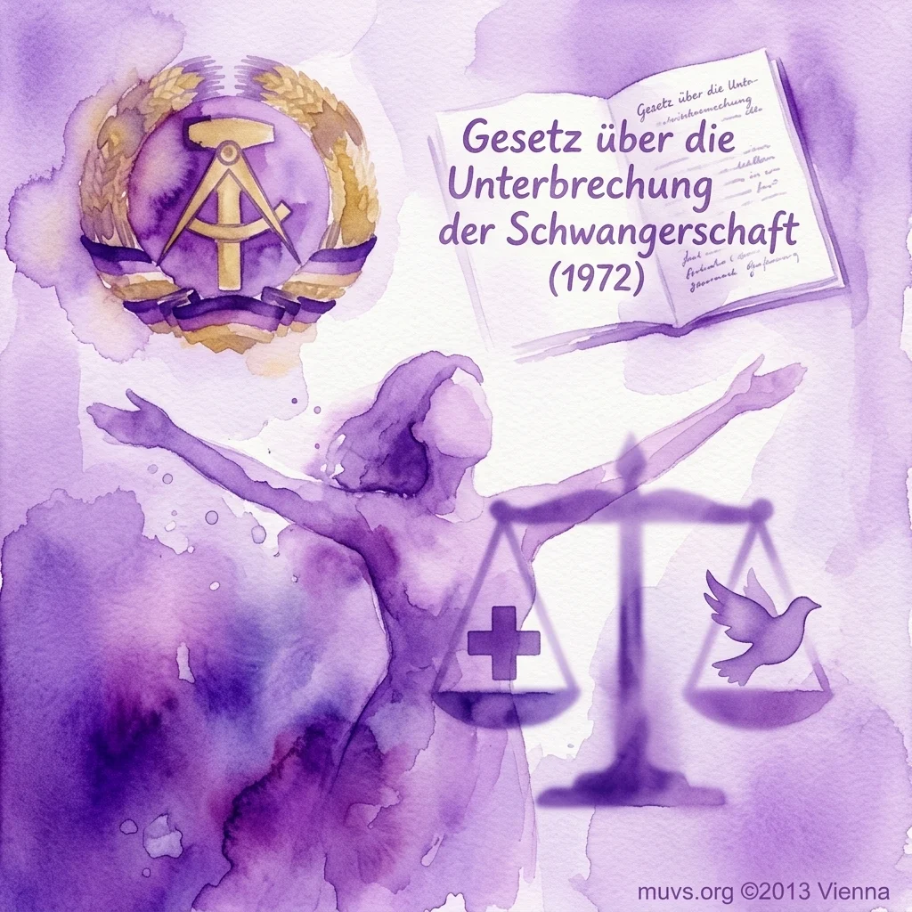 Ilustración en acuarela del escudo de armas de Alemania Oriental, un libro abierto titulado 'Gesetz über die Unterbrechung der Schwangerschaft (1972)', una mujer con los brazos extendidos y una balanza con una paloma y una cruz, simbolizando los derechos reproductivos de las mujeres en Alemania Oriental.