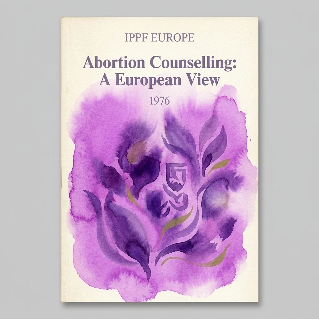 Portada del libro 'Abortion Counselling: A European View' de 1976 de IPPF Europe, con un diseño floral acuarela morado sobre un fondo crema.