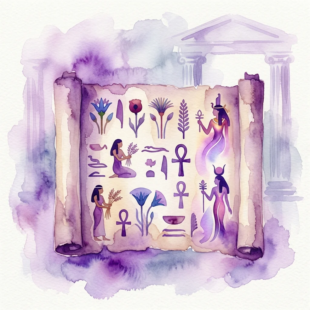 An ancient Egyptian papyrus scroll featuring herbal remedies, fertility symbols, and figures, set against a backdrop of classical Greek or Roman architecture.