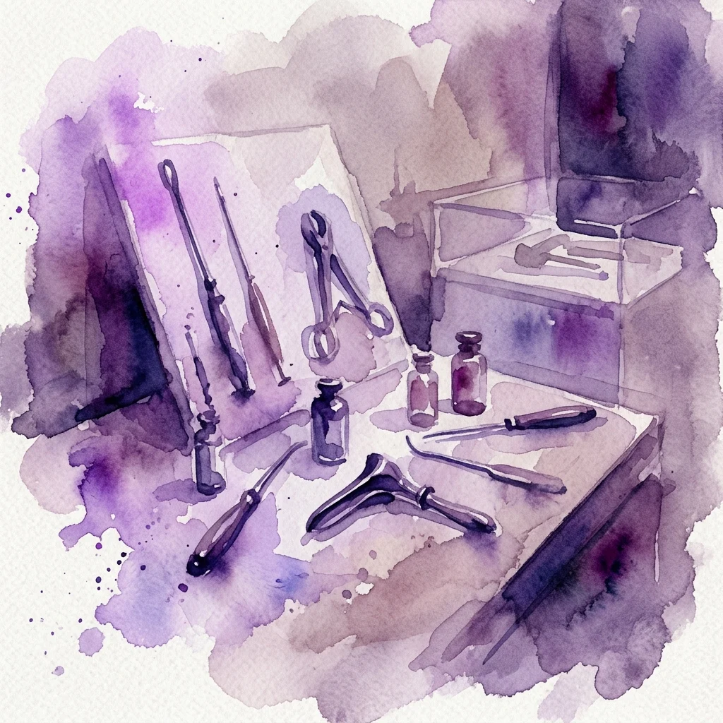 Waterverfillustratie van historische medische instrumenten en flessen, die onveilige abortushulpmiddelen tonen in een museumtentoonstelling over abortus in illegaliteit.