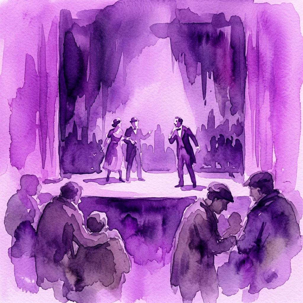 Ilustracja akwarelowa berlińskiej sceny teatralnej z lat 20. XX wieku, przedstawiająca aktorów występujących w kontrowersyjnej sztuce Friedricha Wolfa 'Cyankali', z widzami na pierwszym planie, wykonana w odcieniach fioletu.