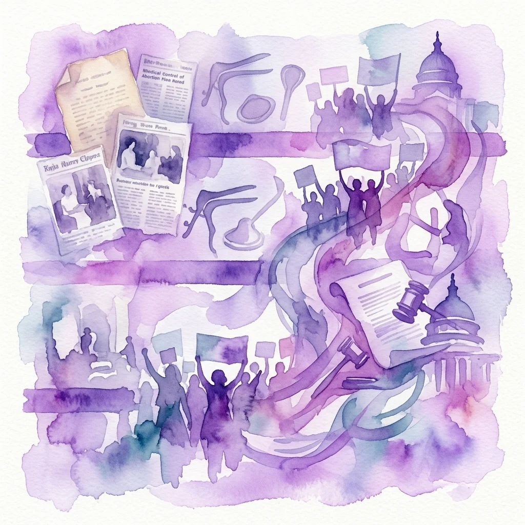 Ilustracja akwarelowa przedstawiająca historię antykoncepcji i praw do aborcji w USA, zawierająca dokumenty archiwalne, instrumenty medyczne, sylwetki protestujących i budynki rządowe, symbolizujące walkę prawną i społeczną.