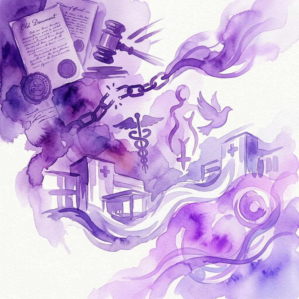 A purple watercolor illustration depicting the decriminalization of abortion in Canada, featuring a gavel breaking chains, medical symbols, and archival documents, symbolizing legal reform and improved women's health outcomes.