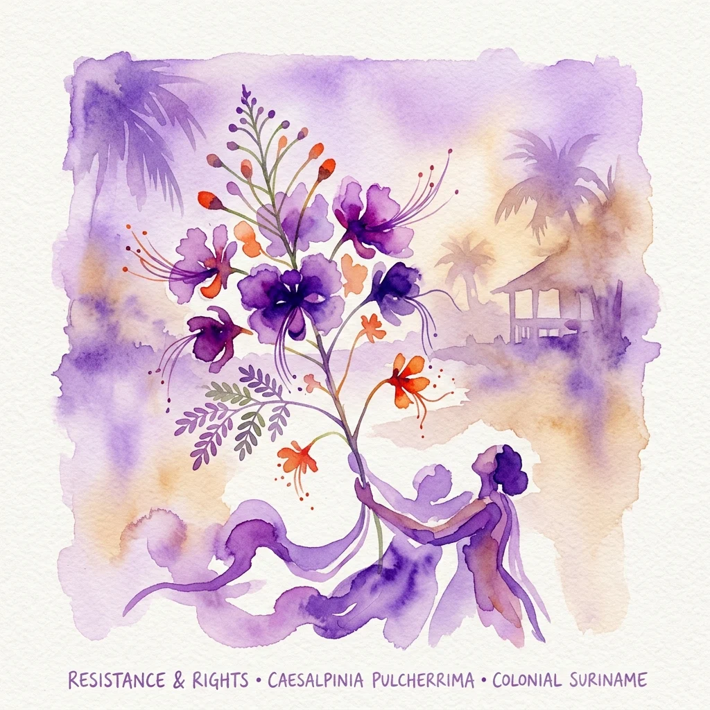 Een aquarelillustratie van de Caesalpinia pulcherrima plant met paarse en oranje bloemen, tegen een koloniale Surinaamse achtergrond met palmbomen en een hut, die weerstand en reproductieve rechten symboliseert.