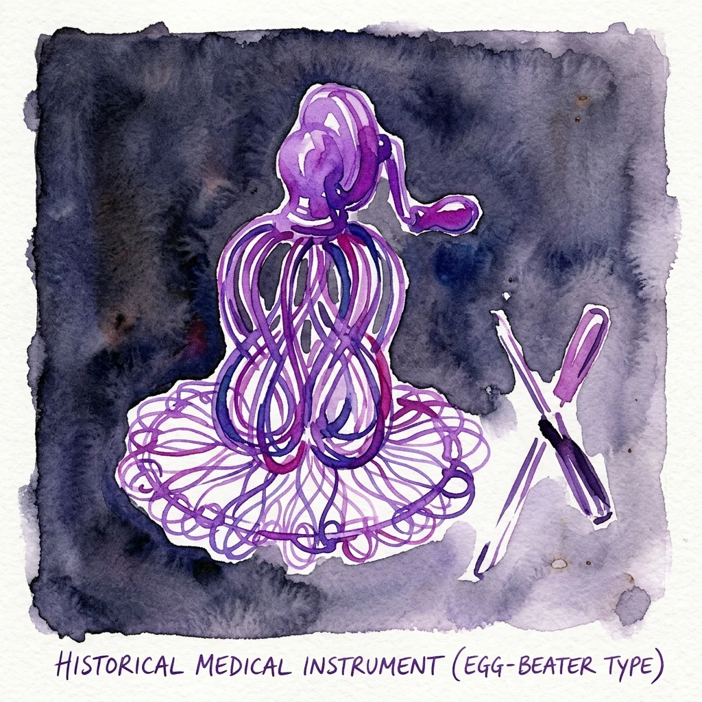 Ilustracja akwarelowa fioletowej wkładki domacicznej (IUD) w kształcie trzepaczki, z narzędziem do zakładania, na ciemnym tle.