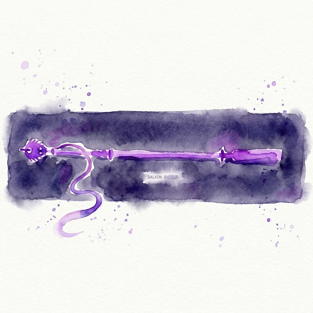 A purple watercolor illustration of a Dalkon Shield contraceptive device with its insertion applicator, displayed on a dark background with artistic splatters.