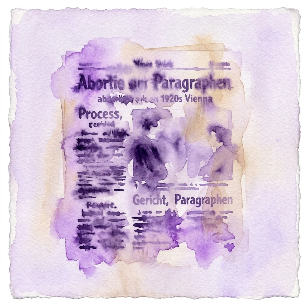 A watercolor illustration of a vintage newspaper clipping from 'Der Abend', July 5, 1929, detailing a court case on abortion in 1920s Vienna, with text elements like 'Abortion in Paragraphen' and 'Gericht, Paragraphen' visible.