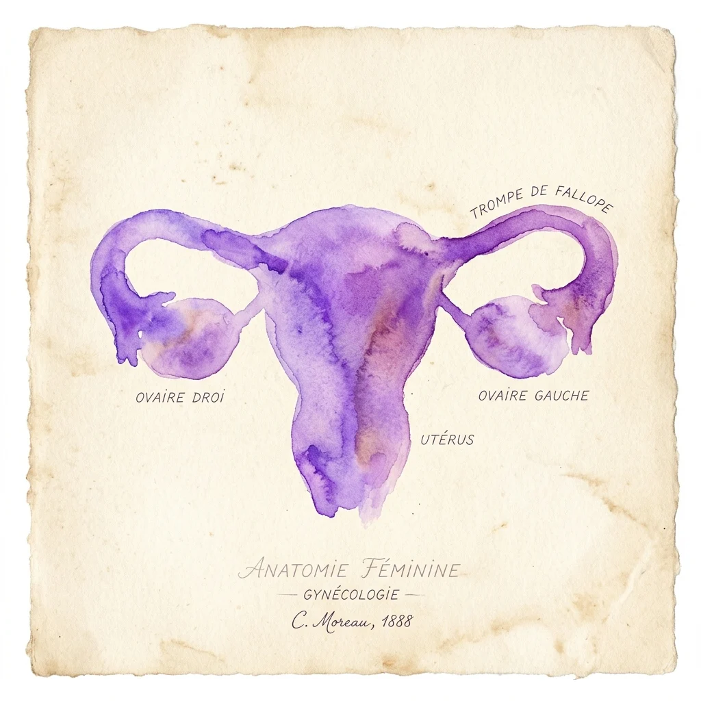 Ilustracja akwarelowa żeńskiego układu rozrodczego, z francuskimi oznaczeniami 'Ovaire Droit', 'Ovaire Gauche', 'Uterus' i 'Trompe de Fallope', z dzieła 'Anatomie Féminine' autorstwa C. Moreau, 1888.