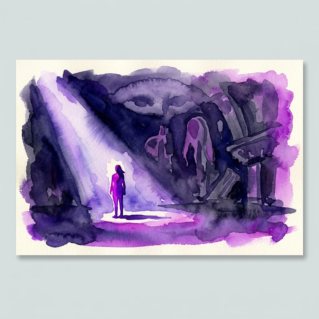 Una ilustración en acuarela de una figura solitaria en un escenario bajo un foco, rodeada de formas abstractas de color púrpura oscuro y negro, evocando temas de aislamiento y juicio social.