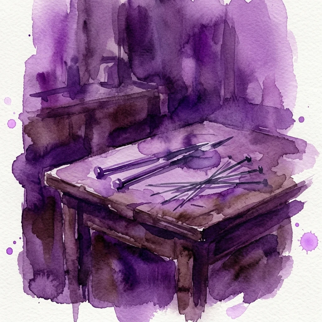 Ilustracja akwarelowa improwizowanych narzędzi medycznych, w tym drutów do robienia na drutach i szprych rowerowych, na drewnianym stole w słabo oświetlonej kuchni, przedstawiająca historyczne nielegalne aborcje.
