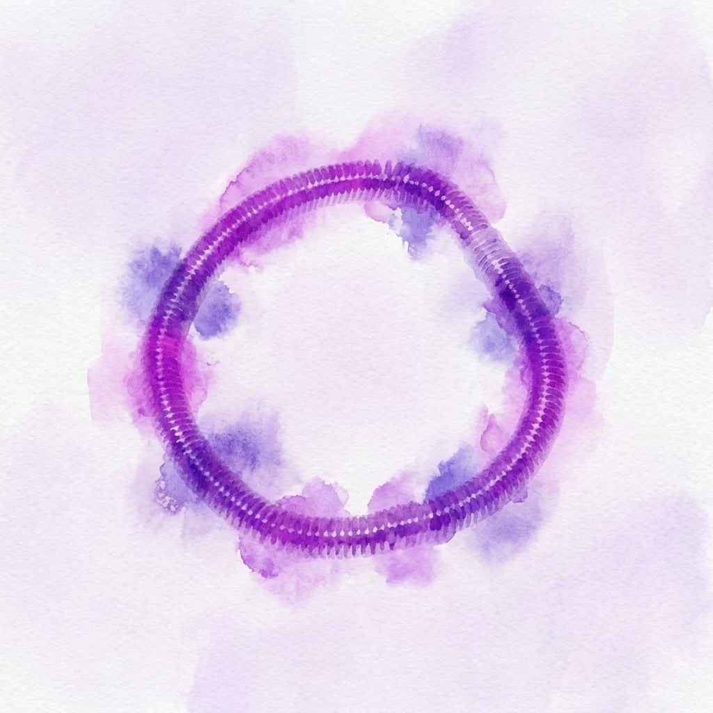 A watercolor illustration of the Gräfenberg Ring, a coiled wire contraceptive device from the early 20th century, rendered in purple and blue hues on a white background.