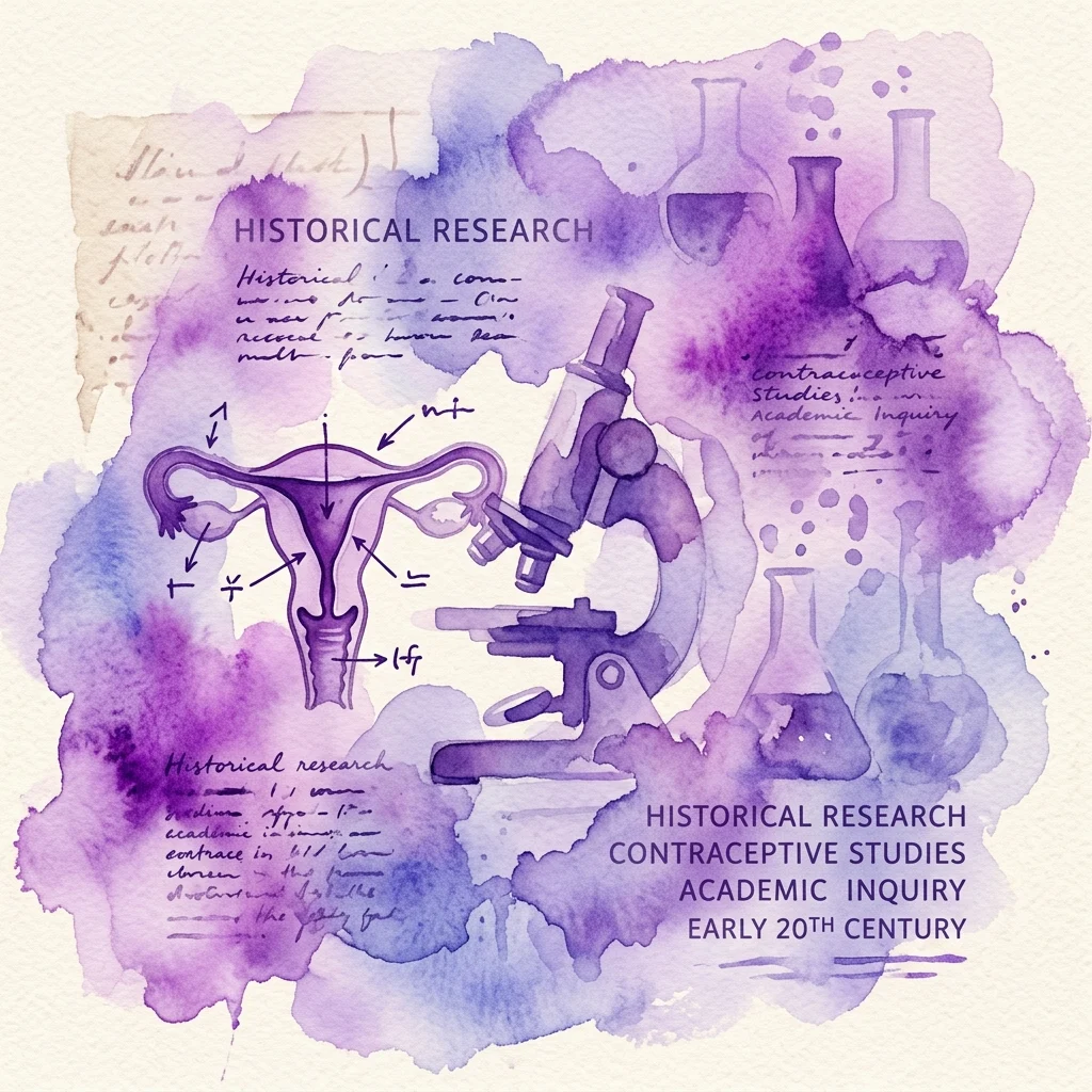 Ilustración en acuarela de investigación histórica sobre anticoncepción, con un microscopio, un diagrama anatómico del sistema reproductivo femenino y etiquetas de texto de estudios científicos de principios del siglo XX.