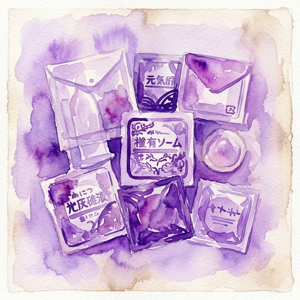 Ilustración en acuarela de paquetes de condones japoneses vintage con texto en japonés, exhibidos en una colección.