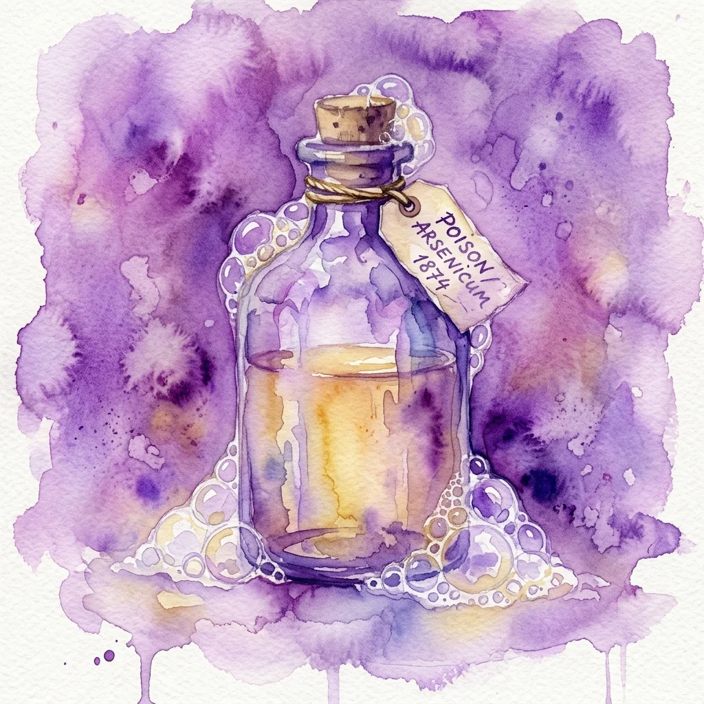 Watercolor illustration of a vintage glass bottle labeled 'POISON ARSENICUM 1874' containing a yellow liquid with soap bubbles, set against a purple background.