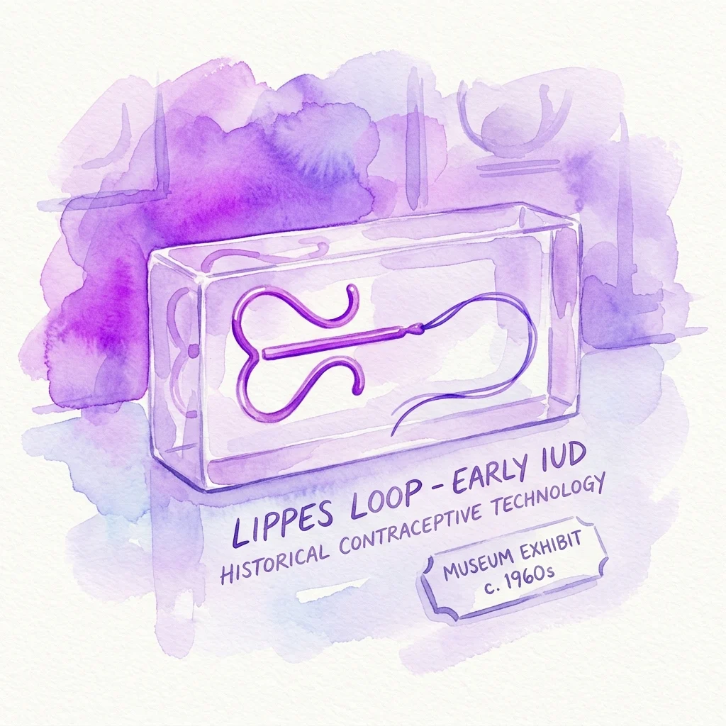 Een aquarelillustratie van een Lippes Loop, een vroeg spiraaltje, tentoongesteld in een transparante vitrine met paarse en blauwe tinten, gelabeld als historische anticonceptietechnologie uit de jaren 60.