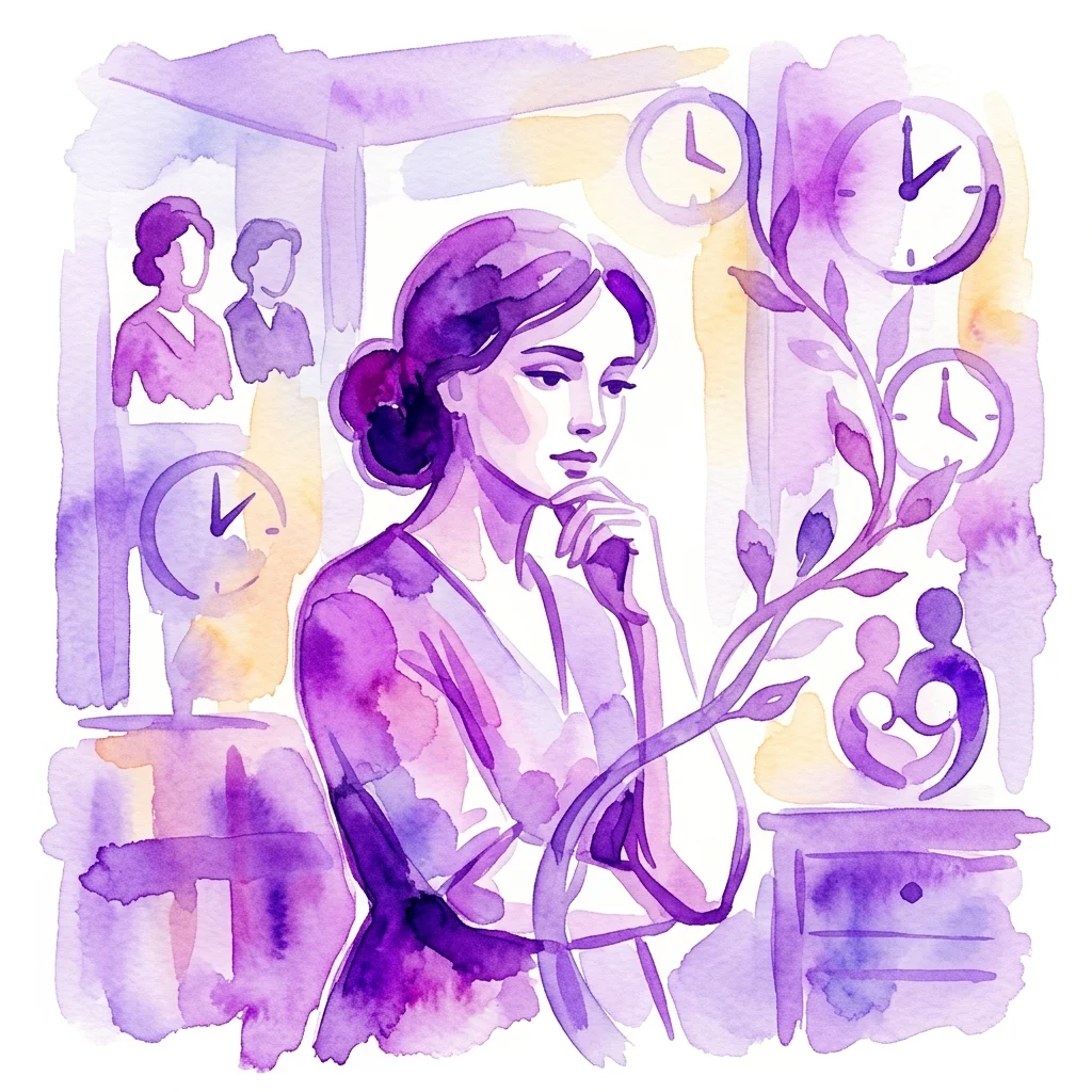 Een aquarelillustratie van een vrouw in contemplatie, omringd door symbolische elementen zoals klokken, een familiefiguur en silhouetten, reflecterend op moederschap en persoonlijke keuze.