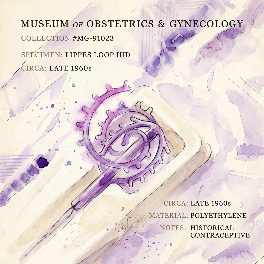 Illustration of a Lippes Loop IUD, a historical contraceptive device made of polyethylene, displayed in a museum collection from the late 1960s.
