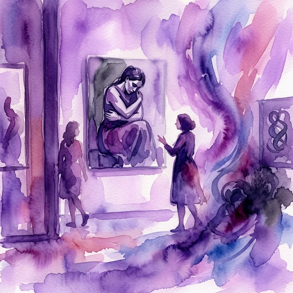 Ilustracja akwarelowa wystawy w galerii sztuki przedstawiającej "The Abortion Pastels" Pauli Rego, z odwiedzającymi obserwującymi centralny obraz kobiety w rozpaczy, wykonany w odcieniach fioletu i błękitu.