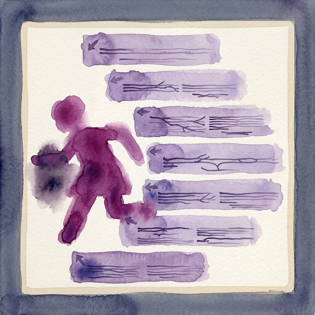 Watercolor illustration of a running figure in magenta, stepping over purple document-like strips with text, symbolizing historical legal cases and personal narratives about women's criminalization for abortion and infanticide.