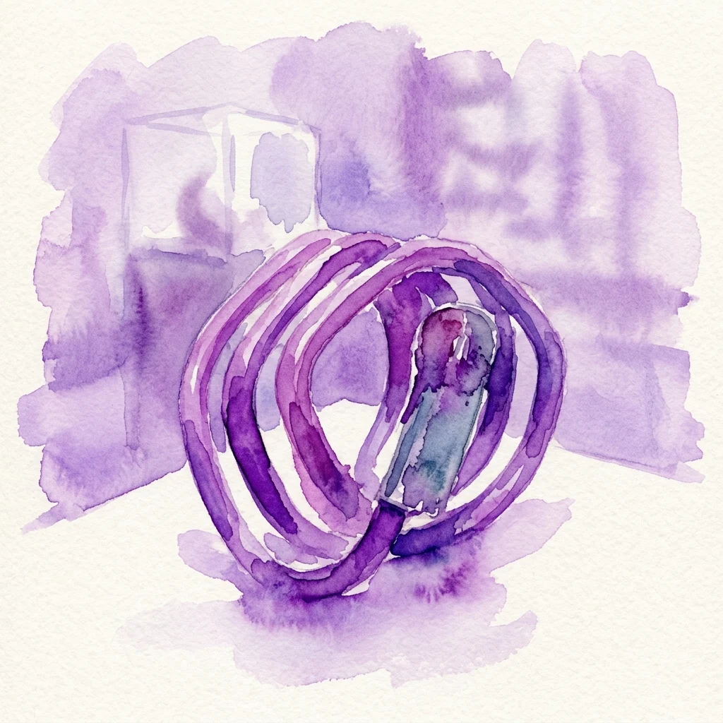 Watercolor illustration of a purple spiral-shaped medical device, representing the Polygon Coil, a historical intrauterine contraceptive device developed in the 1960s.