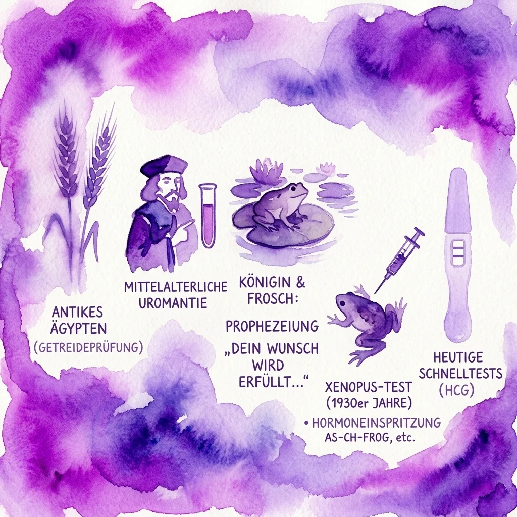 Illustration of the history of pregnancy testing, showing ancient Egyptian grain tests, medieval urine analysis, frog-based tests, and modern HCG tests, all in purple watercolor style.